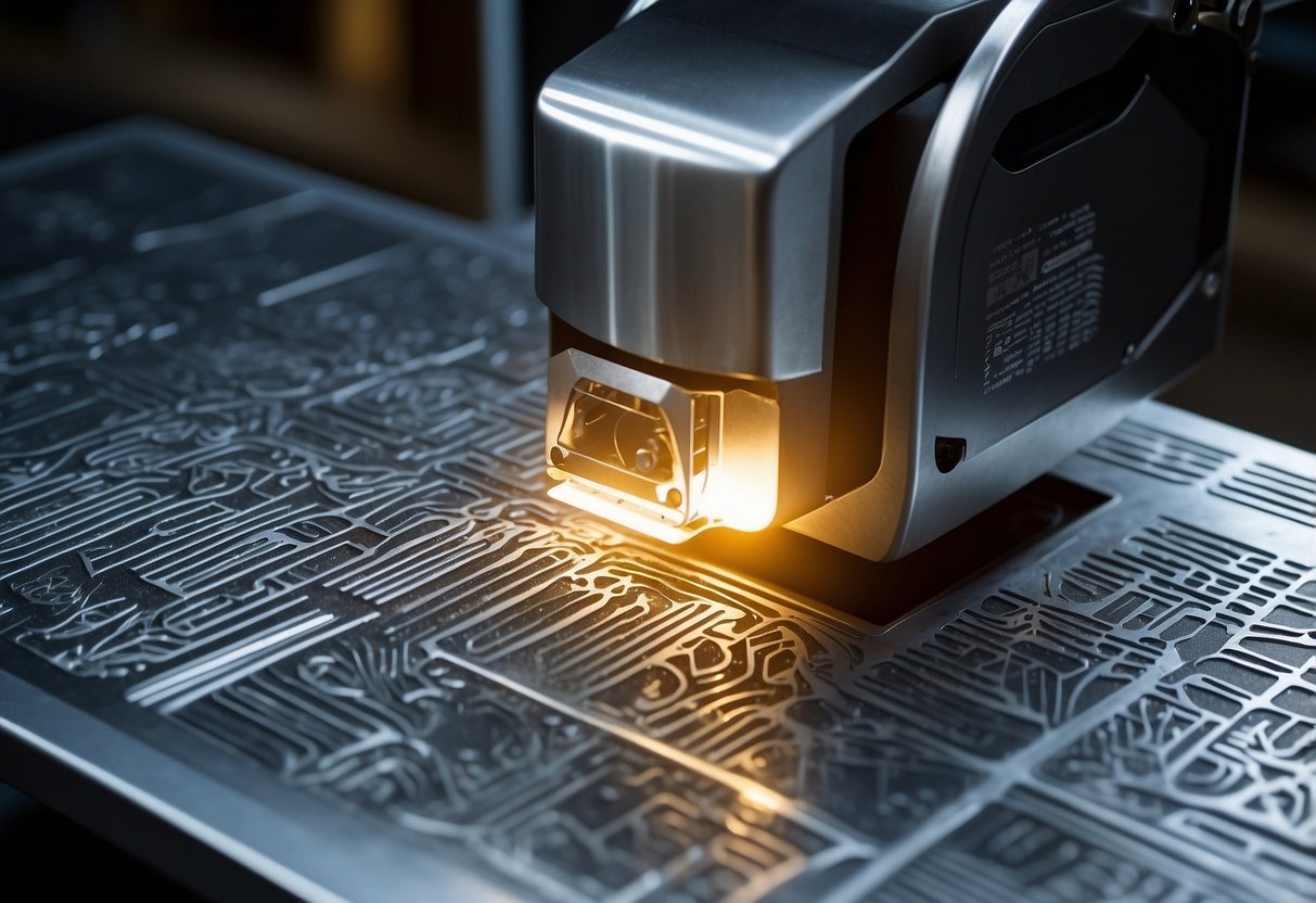 A laser etching machine engraves intricate designs onto a steel surface, emitting a bright light and producing fine, precise lines