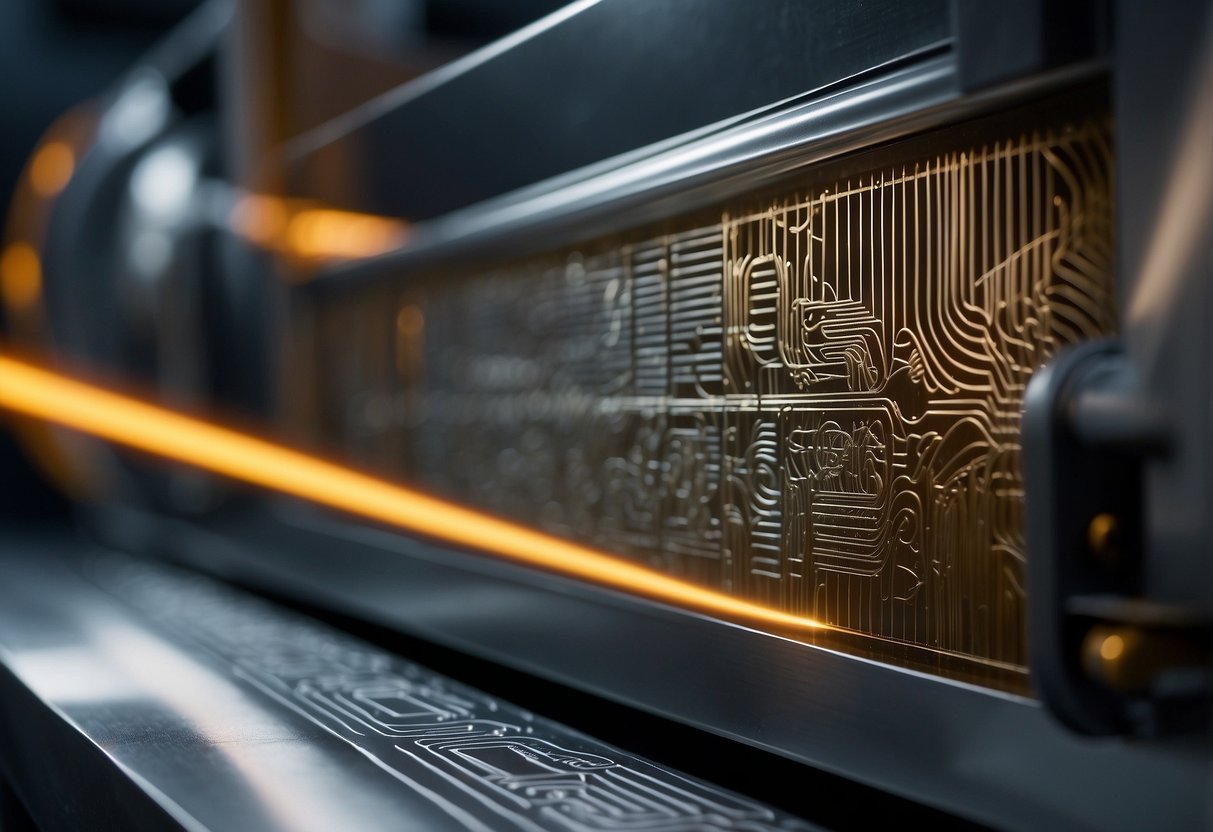 A laser etching machine precisely marks a steel surface with intricate patterns, while an engraving machine carves deeper into the metal with a focused beam