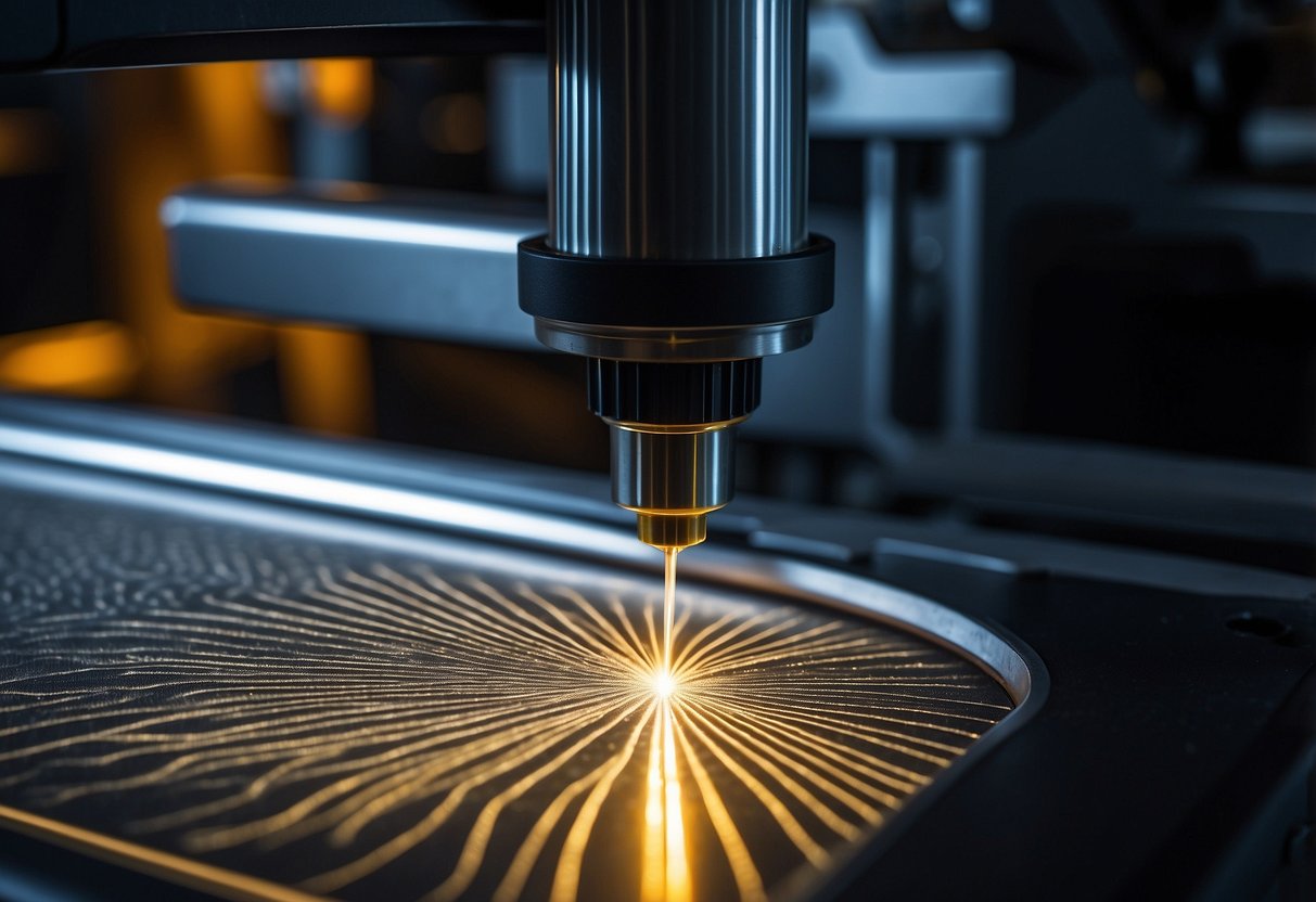 A laser etching machine engraves a plastic surface with precision and detail, emitting a focused beam of light to create intricate designs and patterns