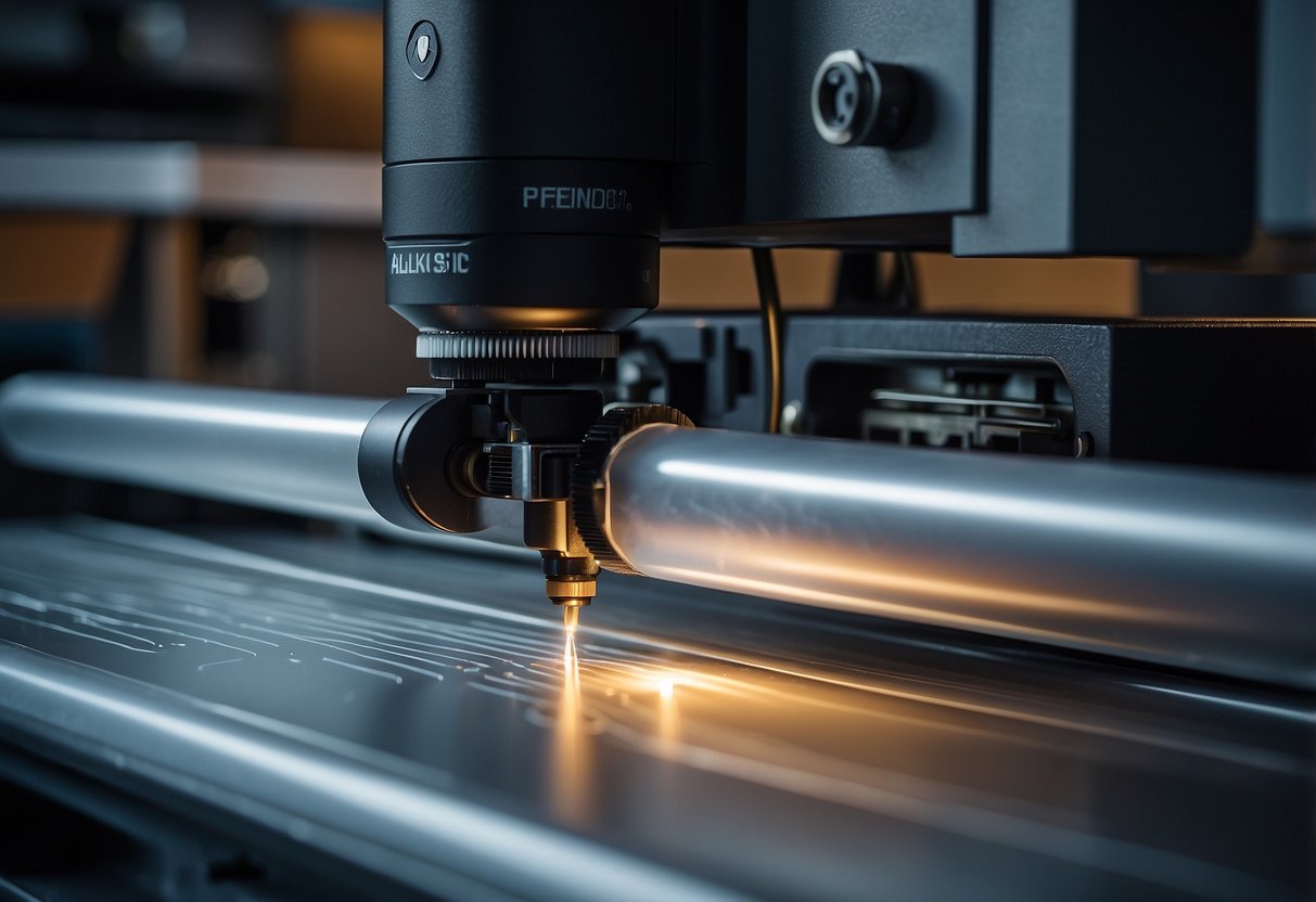 A technician aligns plastic sheet on laser etching machine, adjusting settings for precise engraving