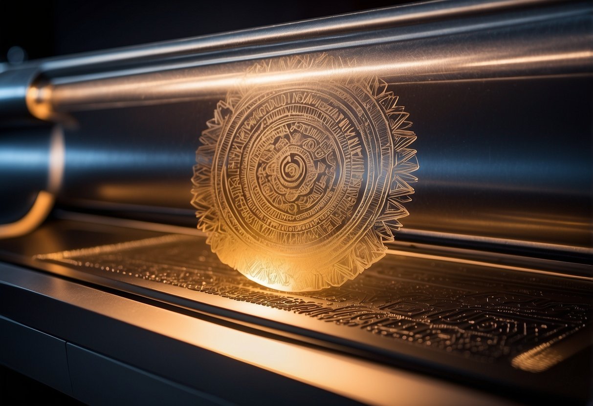 A laser etching machine engraves intricate patterns onto a smooth plastic surface, emitting a soft glow as it creates precise designs