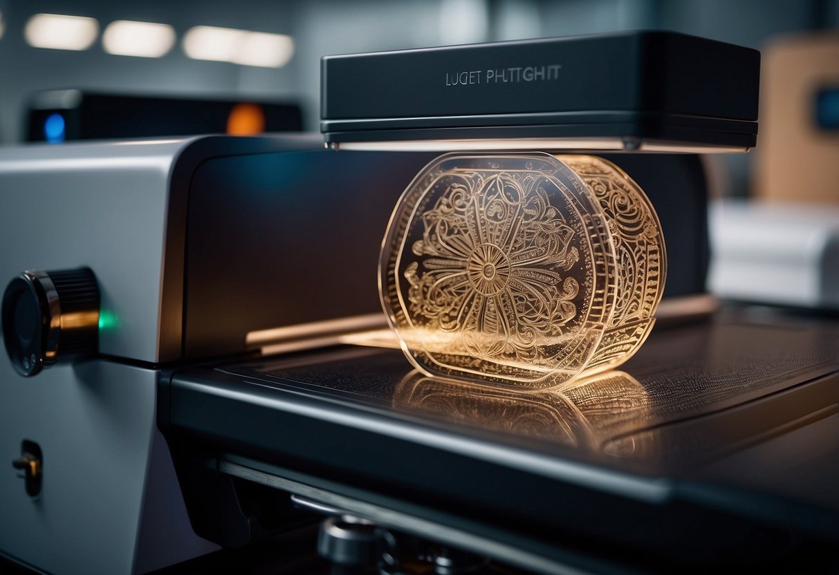 A laser etching machine precisely engraves intricate designs onto a smooth plastic surface, capturing fine details and creating a high-quality finish