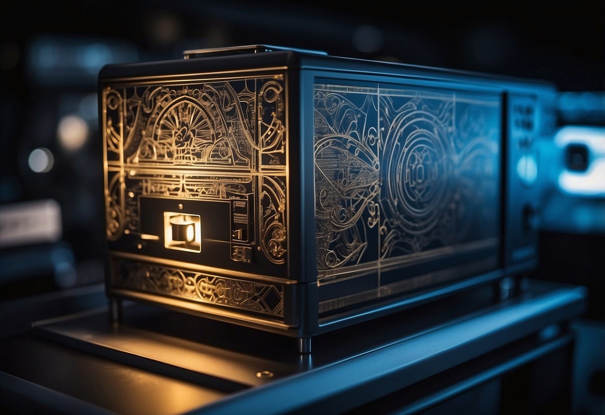 A laser etching machine precisely engraves intricate designs onto a smooth plastic surface, emitting a faint glow as it finishes the post-processing