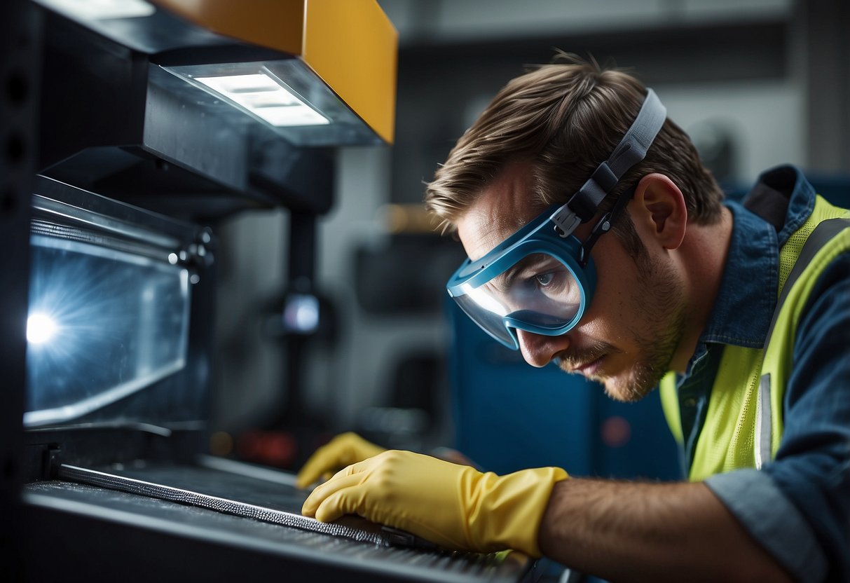 A worker wearing safety goggles etches plastic with a laser machine in a well-lit maintenance area