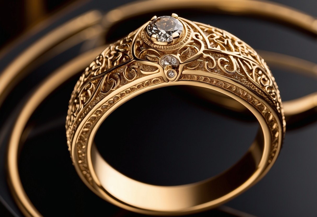 A jewelry laser engraver etches intricate designs onto a gleaming gold ring, with precision and accuracy. The machine emits a focused beam of light, creating delicate patterns on the metal surface