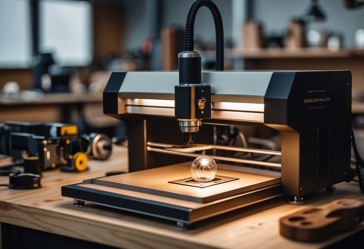 A jewelry laser engraver sits on a sturdy workbench, surrounded by various materials such as metal, wood, and glass. The surfaces are smooth and ready for precise engraving