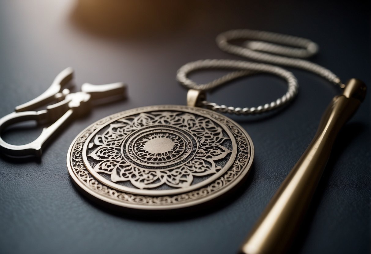 A jewelry laser engraver etches intricate patterns onto a silver pendant, surrounded by tools and materials on a clean work surface