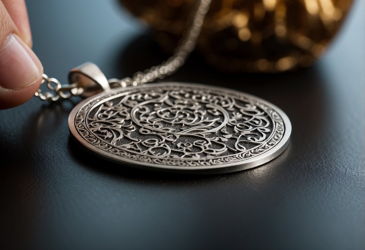 A jewelry laser engraver meticulously etches intricate designs onto a silver pendant, using precise applications and techniques