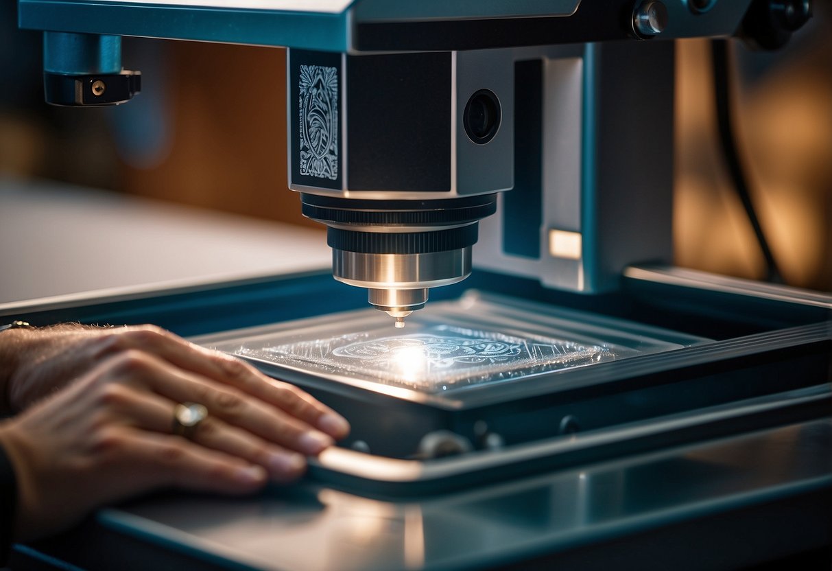 A jewelry laser engraver in action, etching intricate designs onto a delicate piece of jewelry with precision and accuracy. Bright lights and fine details highlight the machine's capabilities