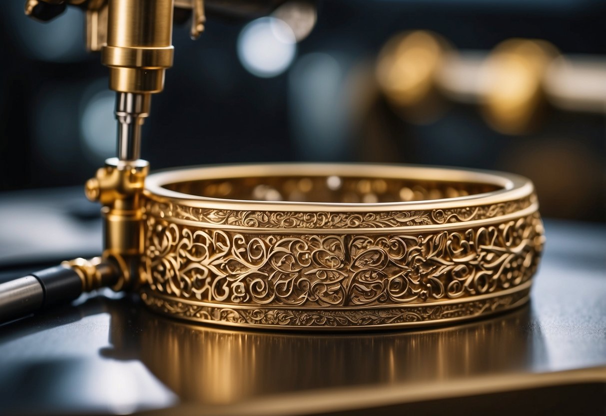 A jewelry laser engraver etches intricate designs onto a gleaming gold bracelet, surrounded by various tools and equipment in a well-lit workshop