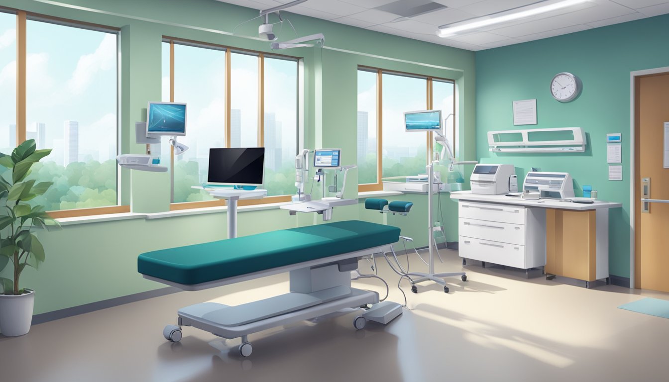 A modern clinic room with medical equipment, a desk, and a computer. The room is well-lit with large windows and a view of the hospital grounds