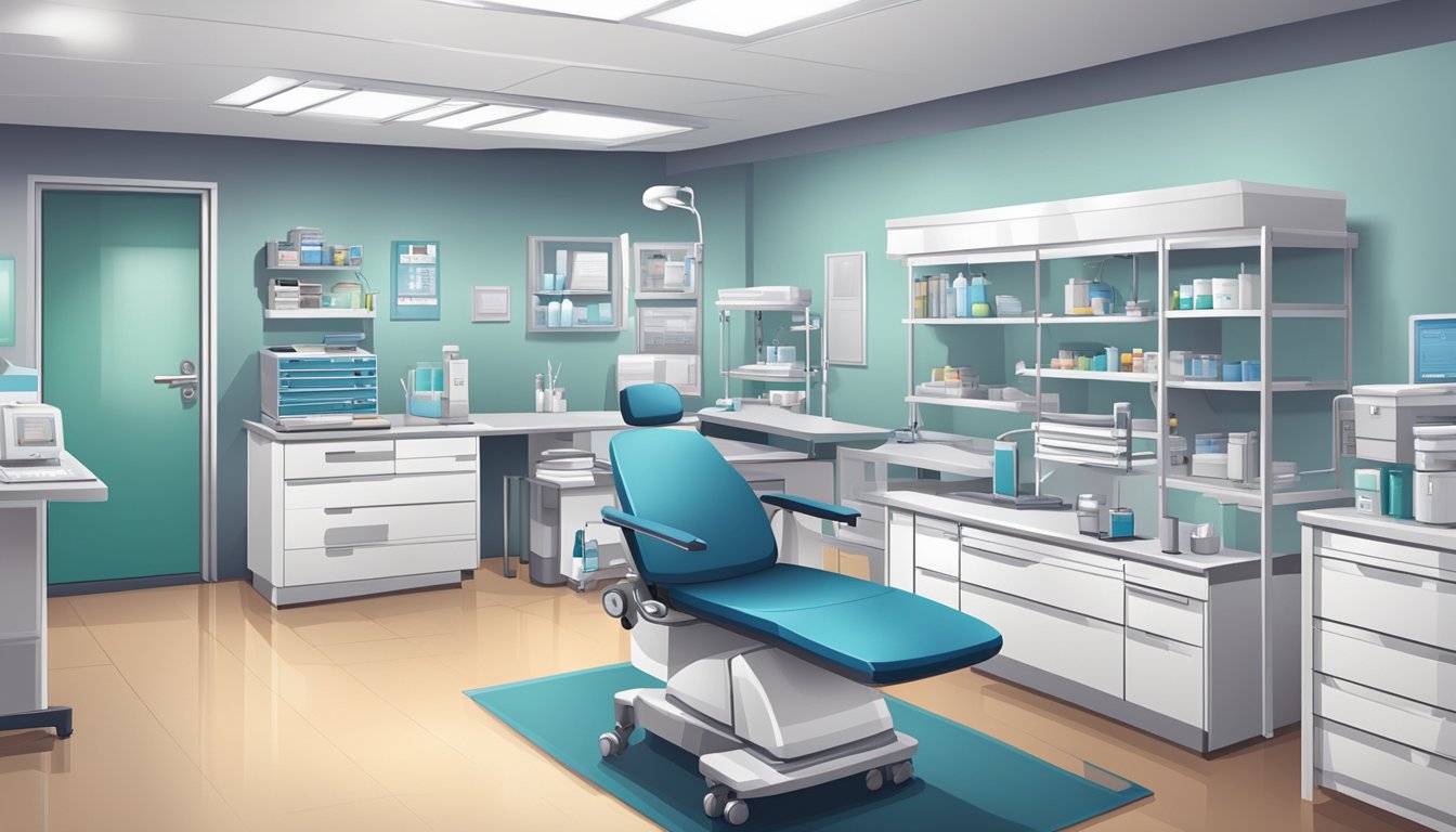 A modern clinic room with medical equipment and a desk. The room is well-lit and organized, with the clinic name and doctor's title displayed prominently