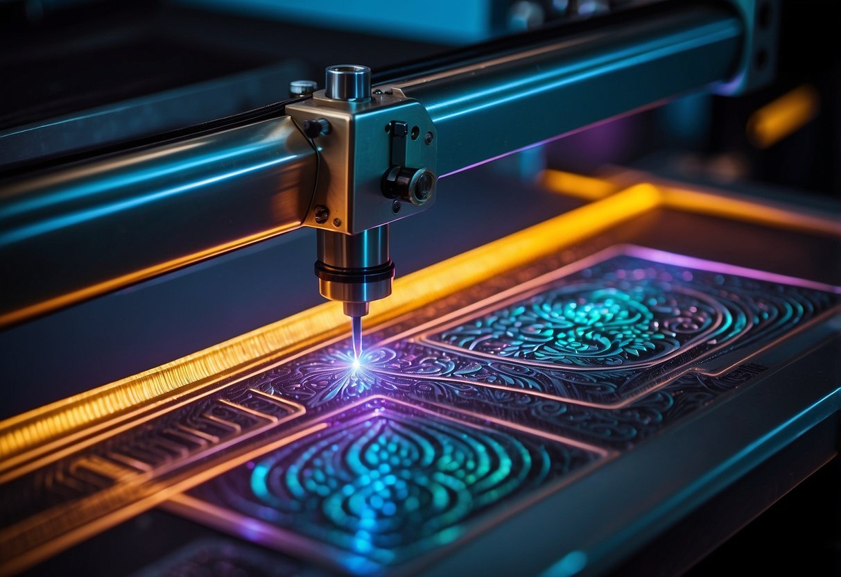 A laser engraving machine etches vibrant colors onto a metal surface, showcasing intricate designs and customization techniques