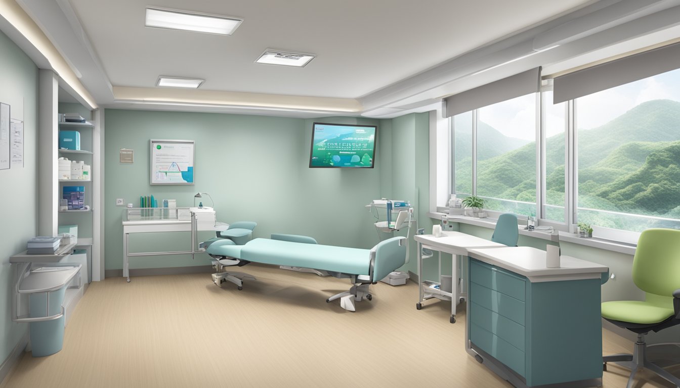 A bright, modern clinic at Tan Tock Seng Hospital, with the sign "Clinic 3A - Cardiologist Dr. Shonda Ng" prominently displayed