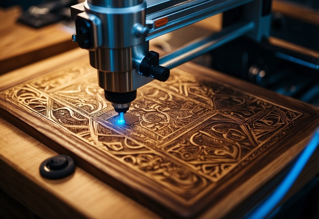 A laser engraving machine etches vibrant colors onto a wooden plaque, surrounded by various tools and materials