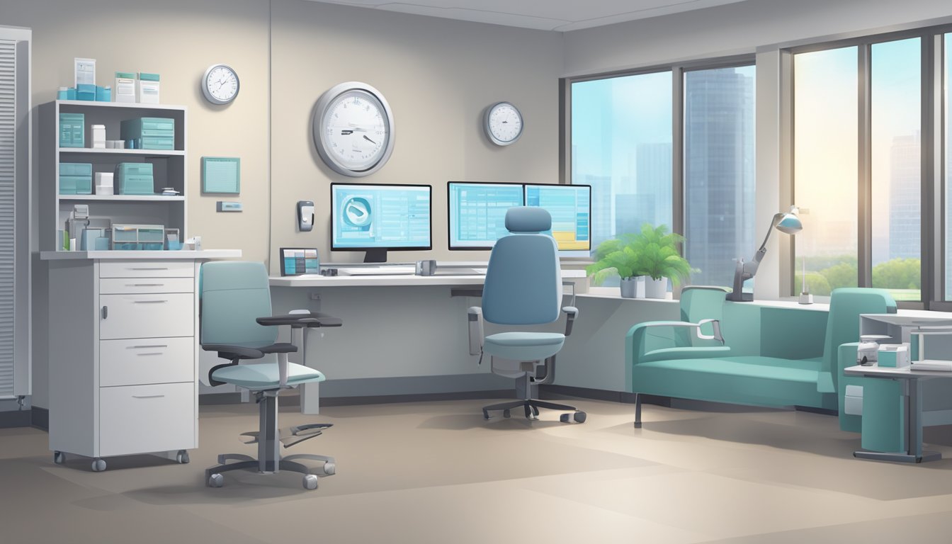 A modern clinic room with medical equipment, a desk, and a computer. The room has a professional and organized feel, with a view of the hospital outside
