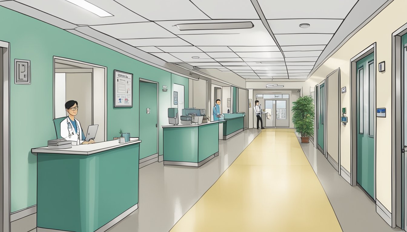 A bustling hospital hallway with a sign for Clinic 3A, featuring the name "Dr Randal Low Jun Bang - Cardiologist" prominently displayed