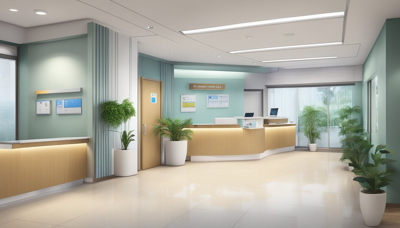 A modern clinic interior with medical equipment, signage, and a welcoming reception area at Tan Tock Seng Hospital