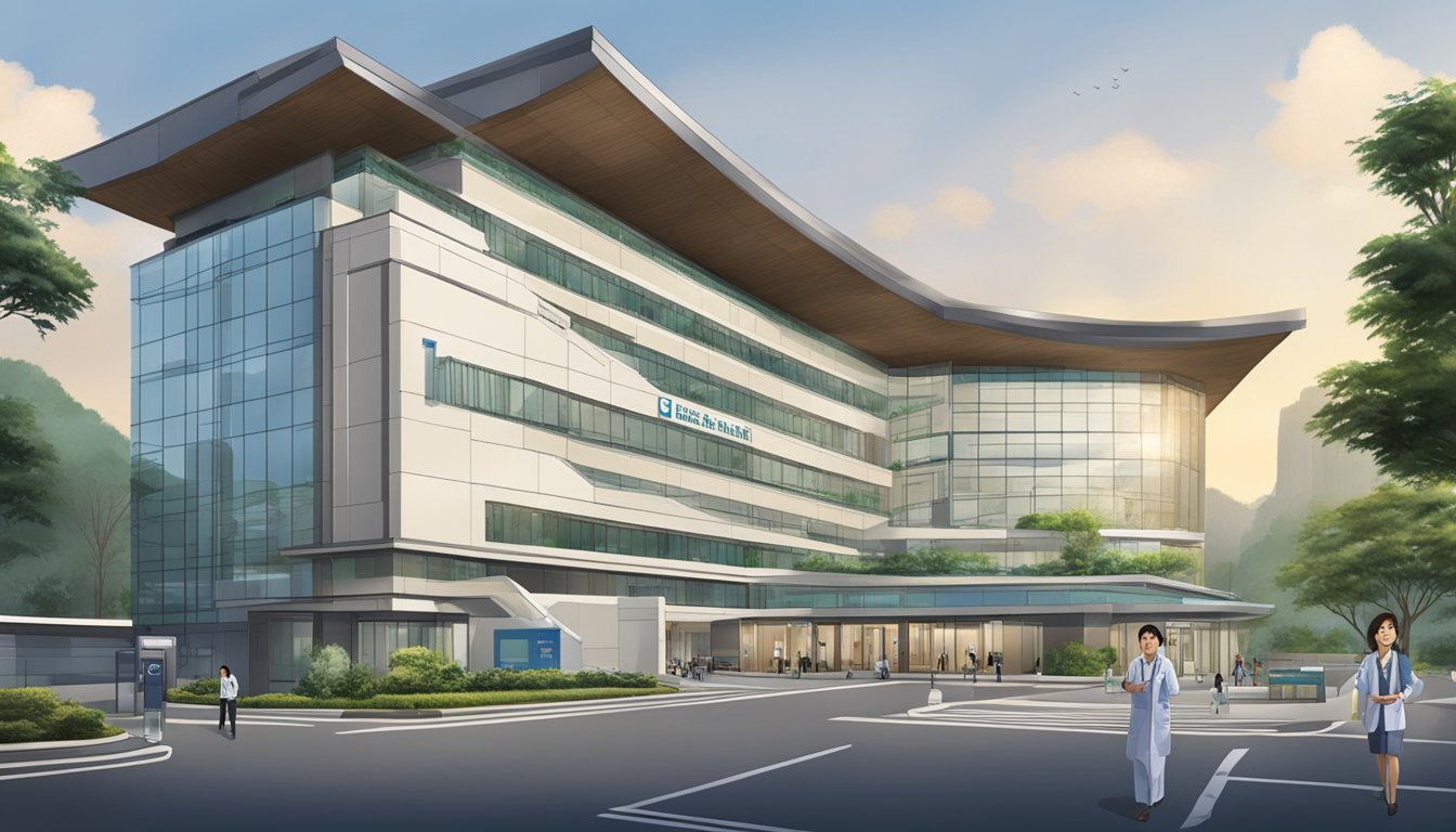 A modern hospital exterior with clear signage for "Clinic 3A - Tan Tock Seng Hospital" and a visible contact information board with Dr Randal Low Jun Bang's name and operating hours