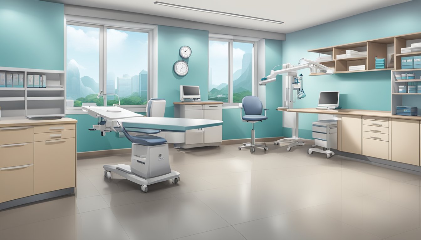 A modern clinic room with medical equipment and a desk, featuring the name "Dr Rajinderdeep Kaur - Clinic 3A – Tan Tock Seng Hospital | SG Cardiologist" prominently displayed