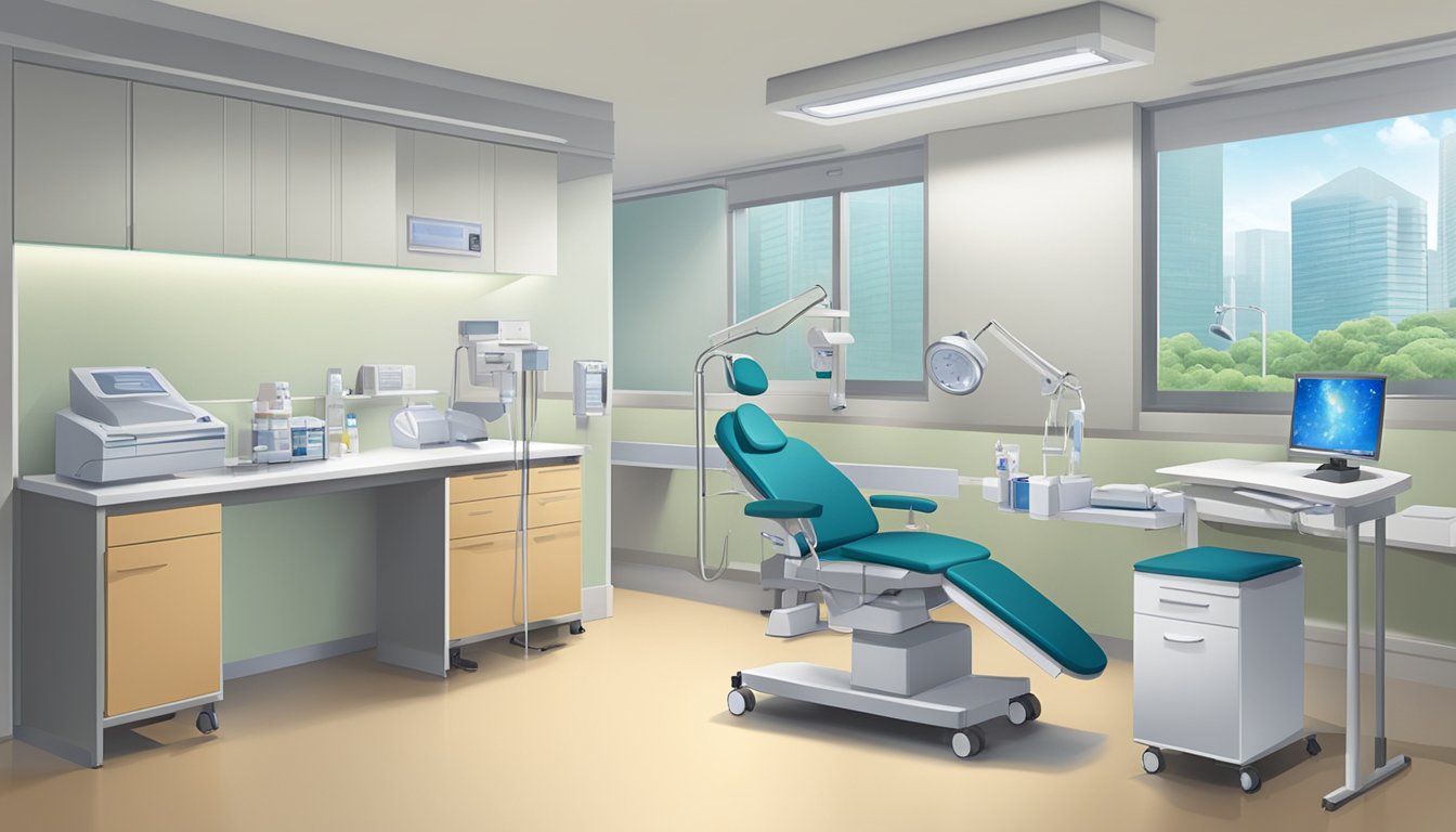 A modern clinic room with medical equipment and a desk, located in Tan Tock Seng Hospital, Singapore