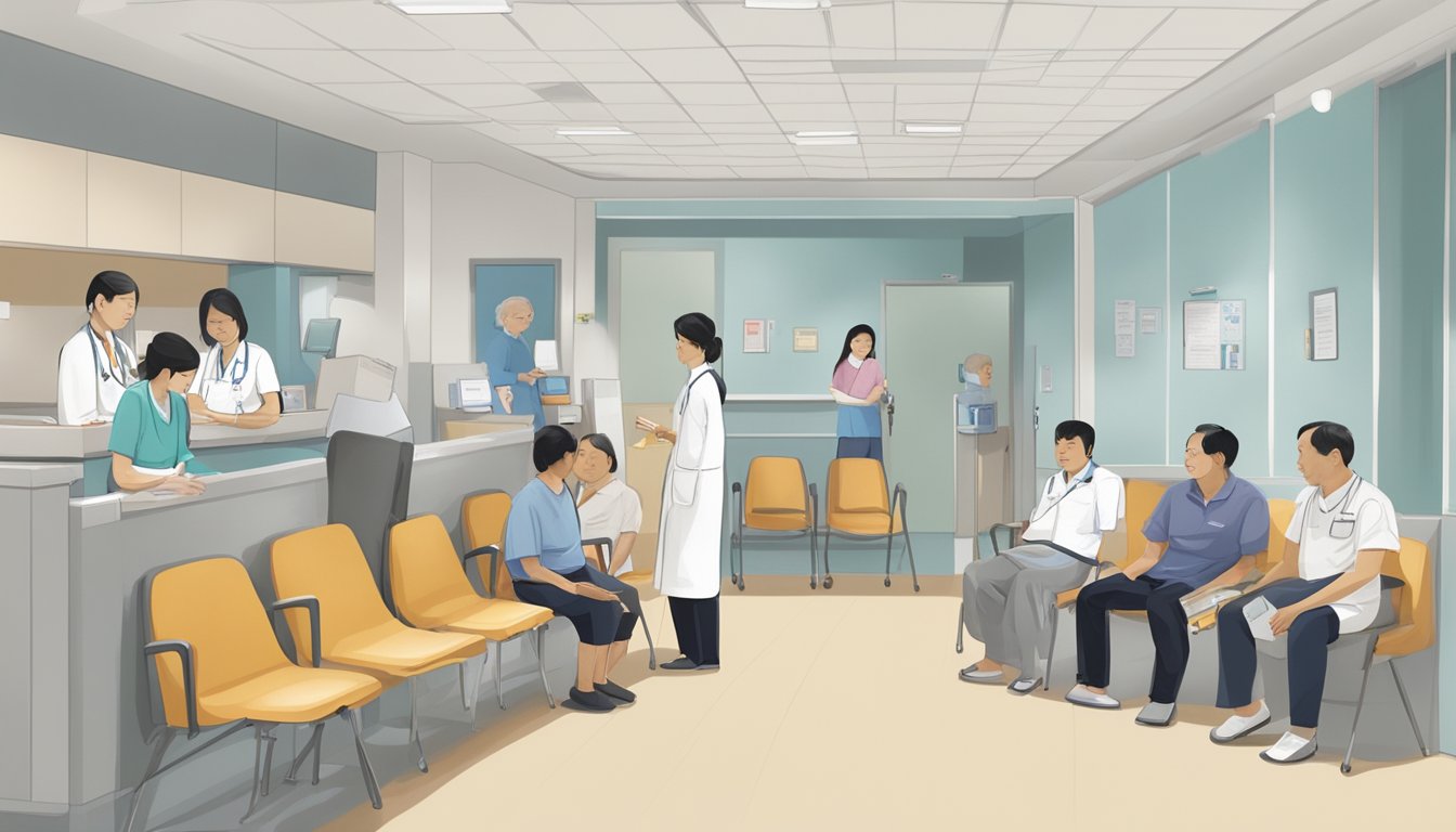 The bustling waiting room at Clinic 3A, Tan Tock Seng Hospital, with patients checking in and out, and a sense of urgency in the air