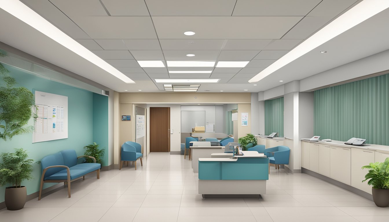 A modern clinic at Tan Tock Seng Hospital, SG. Signage for Dr. Rajinderdeep Kaur, Cardiologist. Contact info and operating hours displayed