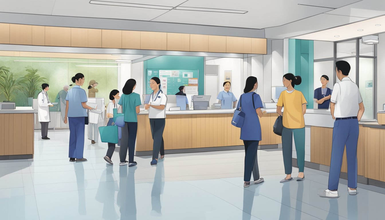 The bustling lobby of Charles Chan Heart Clinic at Farrer Park Hospital, with patients checking in and out, and medical staff moving purposefully