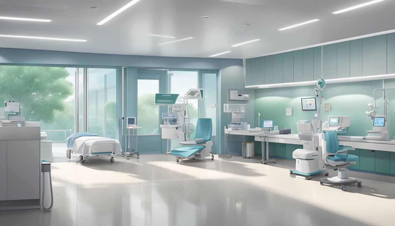 A modern, bustling heart clinic at Farrer Park Hospital, with sleek medical equipment and a calm, professional atmosphere