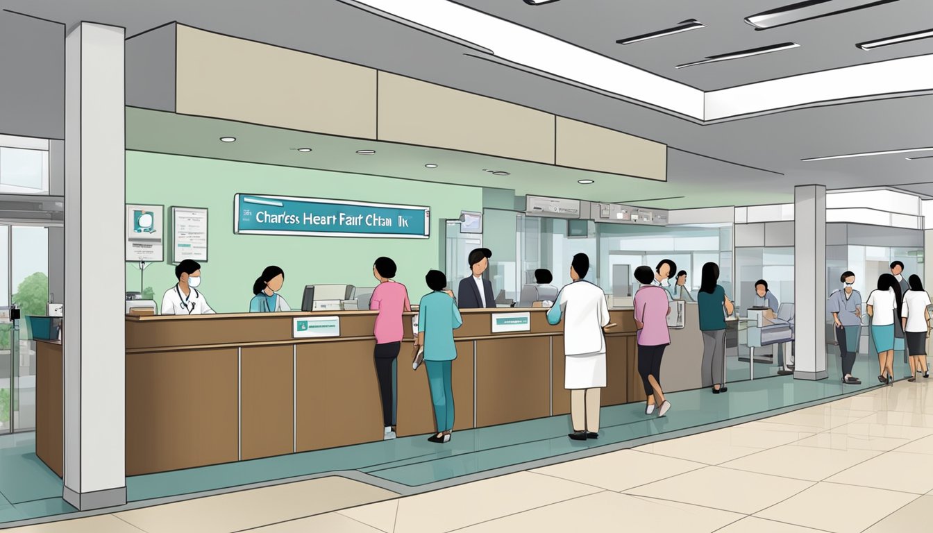 The bustling lobby of Farrer Park Hospital, with the sign for Charles Chan Heart Clinic prominently displayed, showcasing a modern and welcoming environment for patients in need of a cardiologist