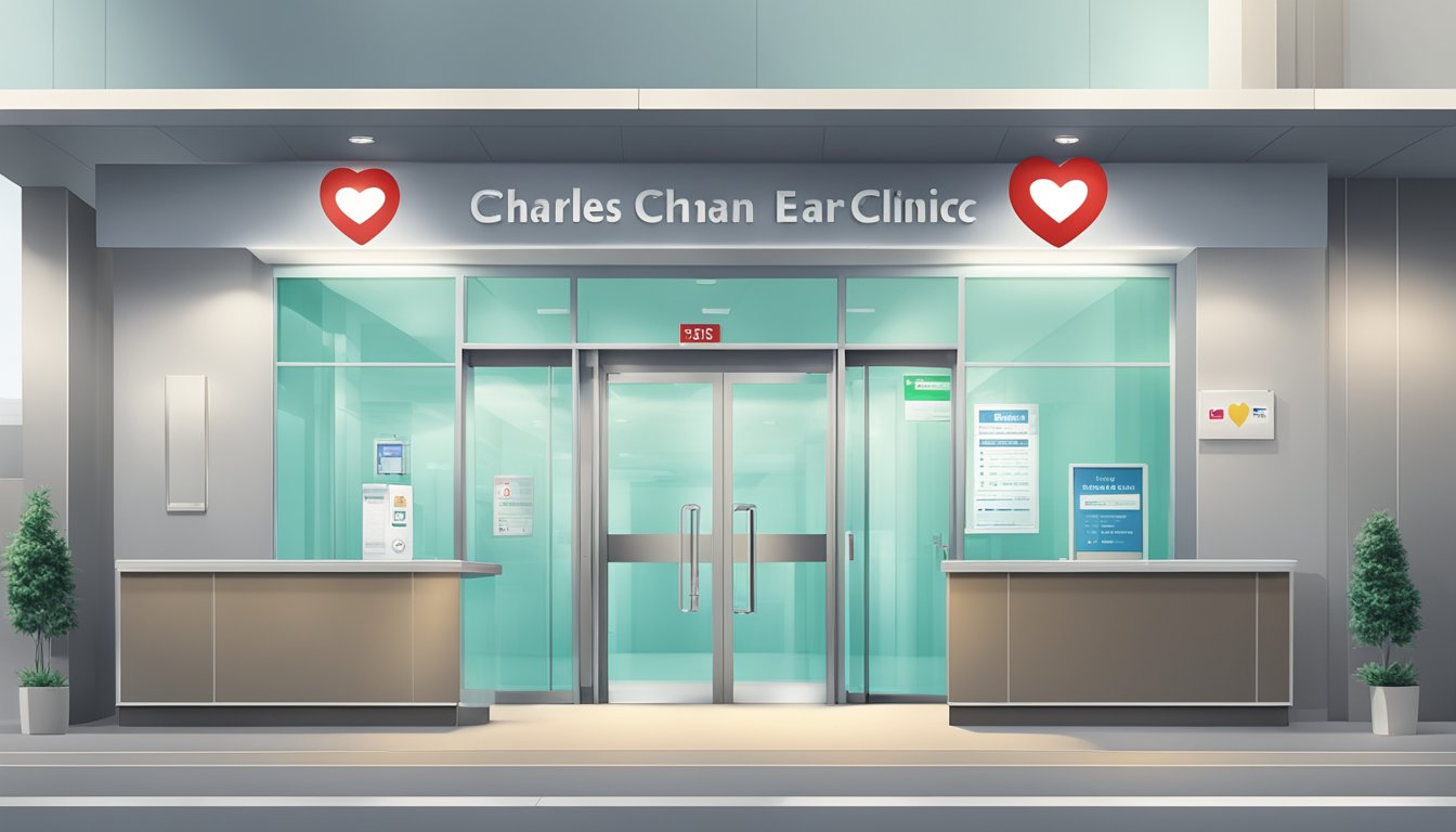 A bright and modern hospital entrance with clear signage for "Charles Chan Heart Clinic" and operating hours displayed prominently