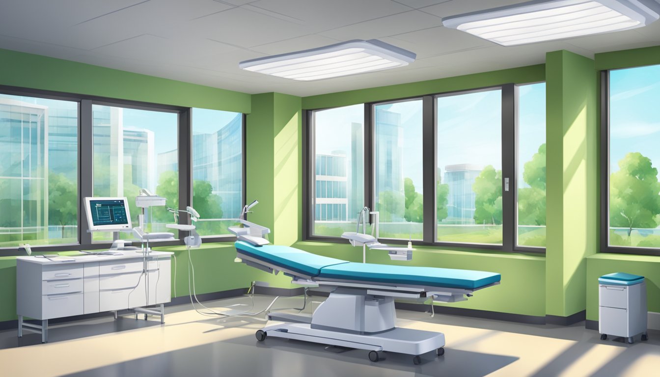 A modern clinic room with medical equipment and a desk. The room is well-lit with large windows and a view of the hospital grounds