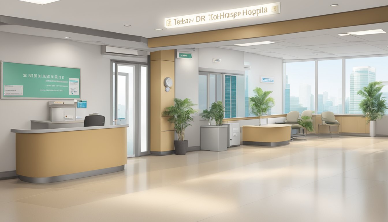 A modern clinic interior with Dr. Teoh Xuyan's nameplate and Tan Tock Seng Hospital signage