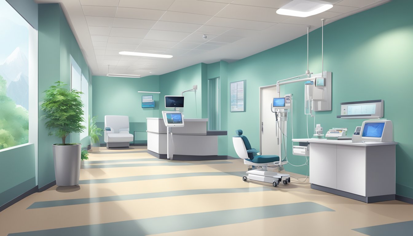 A modern hospital clinic with a welcoming reception area, state-of-the-art medical equipment, and a calming atmosphere