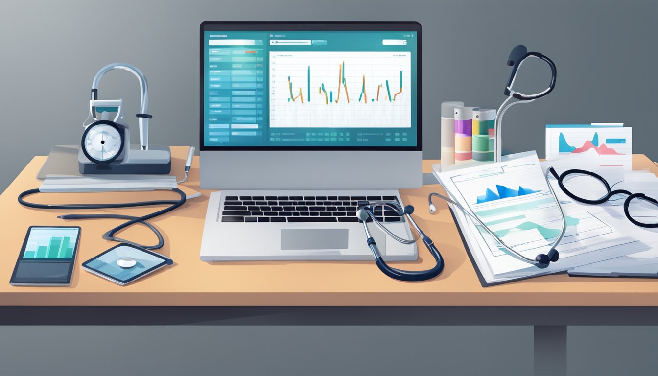 A stethoscope resting on a desk, next to a stack of medical files and a computer displaying heart monitoring data