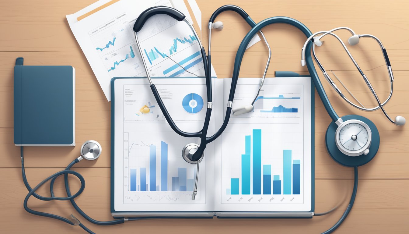 A stethoscope, heart monitor, and medical charts lay on a desk in a cardiologist's office, with a diploma on the wall