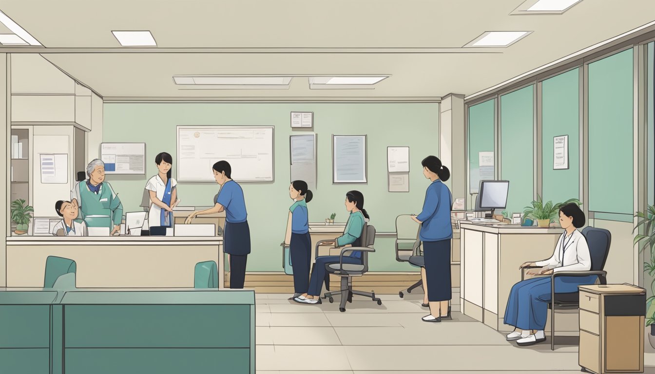A busy clinic with patients waiting, receptionist at desk, and Dr. Teoh Xuyan greeting a patient
