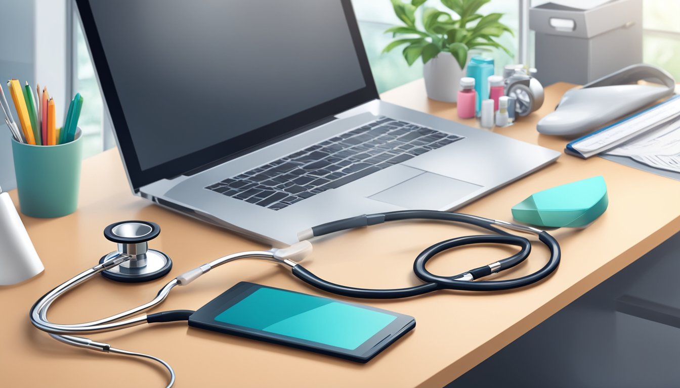 A doctor's stethoscope and medical equipment on a desk in a modern clinic setting