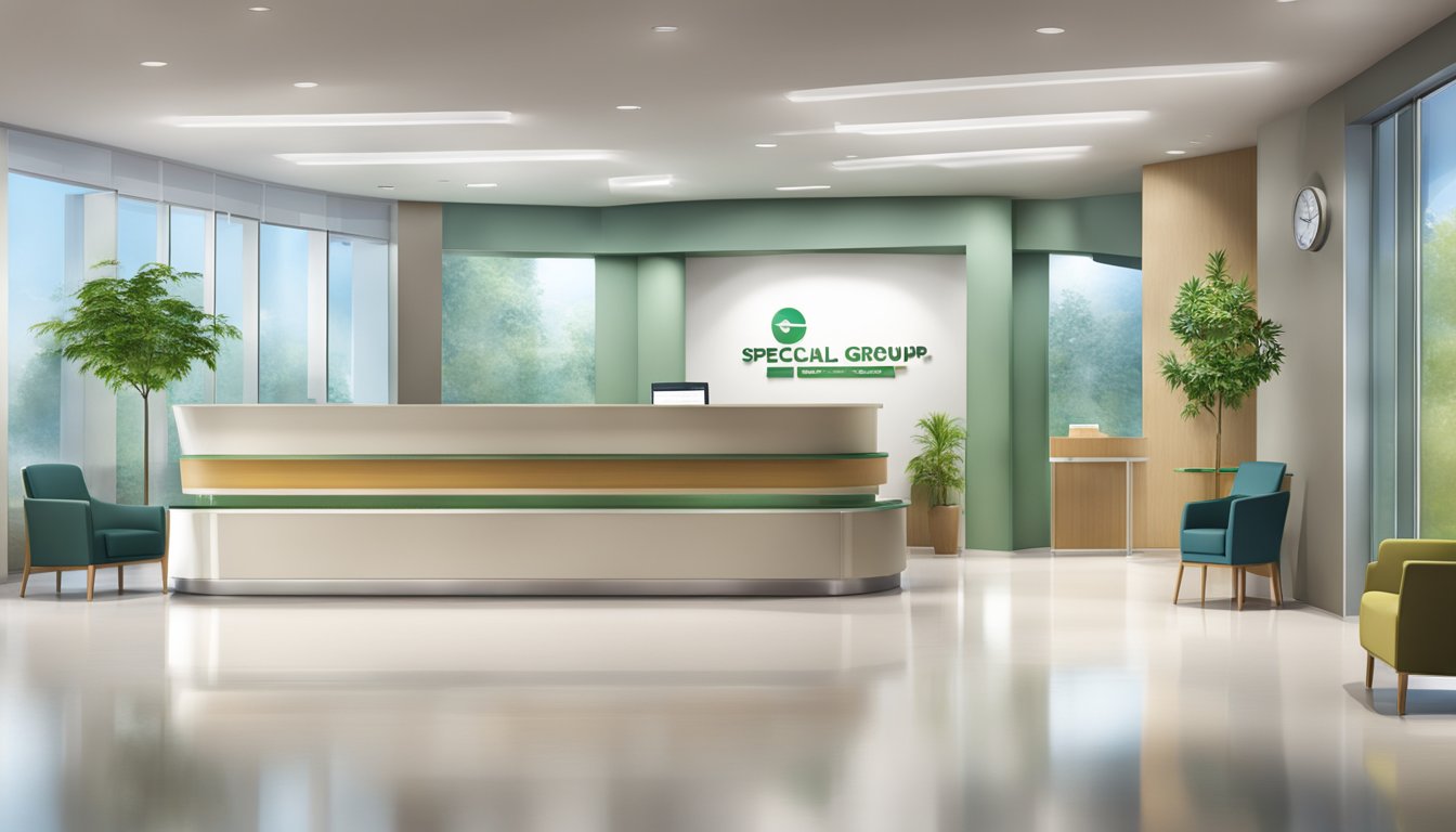 A modern hospital lobby with a prominent sign for "Special Care Group" and a sleek logo for "SG Cardiologist." Comfortable seating and a reception desk with friendly staff