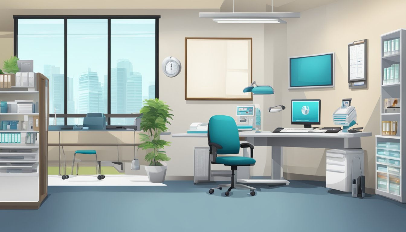 A doctor's office with a desk, computer, and medical equipment. The sign "Dr Lim Lee Guan - Special Care Group | SG Cardiologist" is displayed prominently