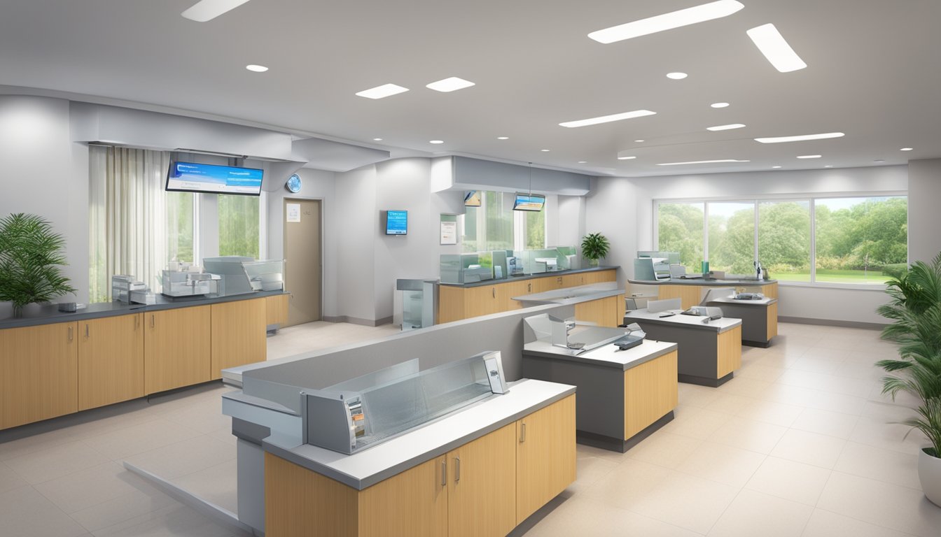 A modern, clean and spacious cardiac center with a prominent sign displaying "Woodlands Health Cardiac Centre" and "Operating Hours" for Dr. Junagade Saket Subhash, SG Cardiologist