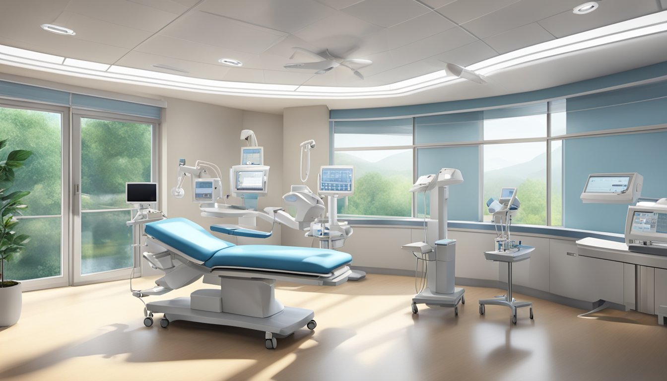 A modern, state-of-the-art cardiac centre with advanced medical equipment and a serene, calming atmosphere