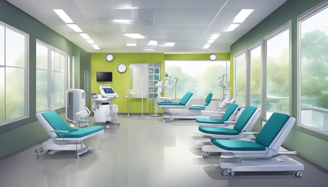 A modern, spacious cardiac center with state-of-the-art medical equipment and comfortable seating areas