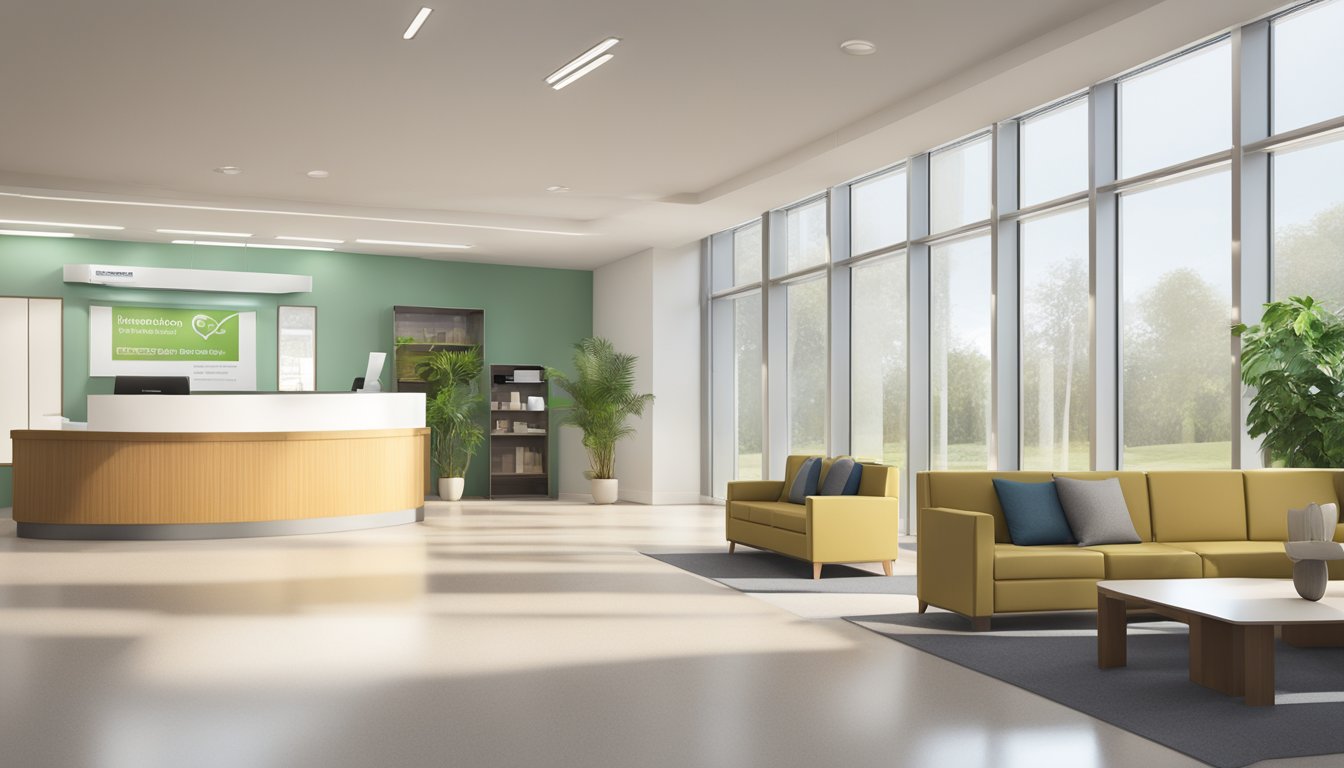 A modern, spacious waiting area with comfortable seating and natural light streaming in through large windows. A reception desk with friendly staff, and a sign displaying the name "Woodlands Health Cardiac Centre."