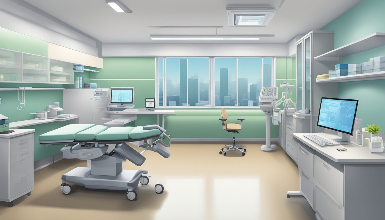 A modern clinic room with medical equipment and a desk, labeled "Dr Chiang Shu Qi Benita - Clinic 3A – Tan Tock Seng Hospital | SG Cardiologist."
