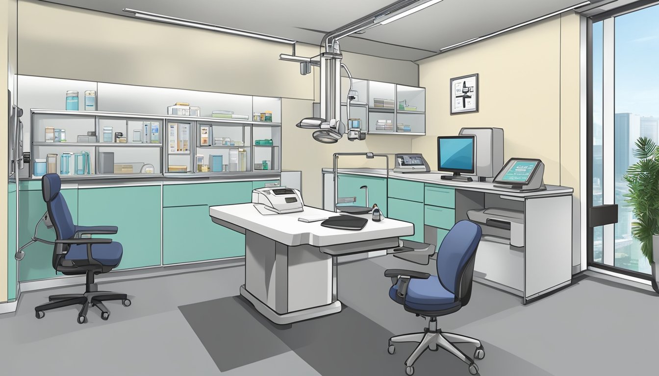 A modern clinic room with medical equipment and a desk, displaying the name "Dr Chiang Shu Qi Benita - Clinic 3A – Tan Tock Seng Hospital | SG Cardiologist."