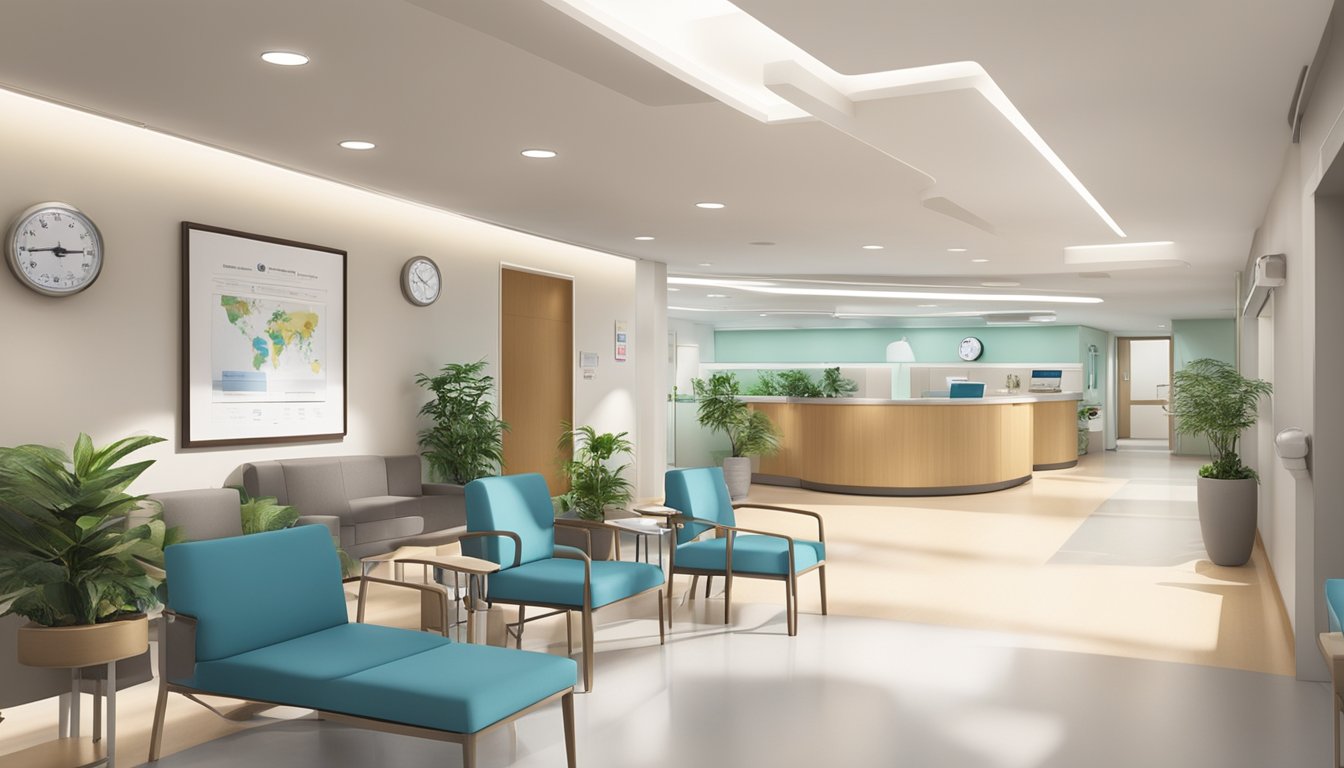 A modern hospital clinic with a welcoming reception area, state-of-the-art medical equipment, and a serene atmosphere for patients to consult with Dr. Chiang Shu Qi Benita, a renowned cardiologist at Tan Tock Seng Hospital
