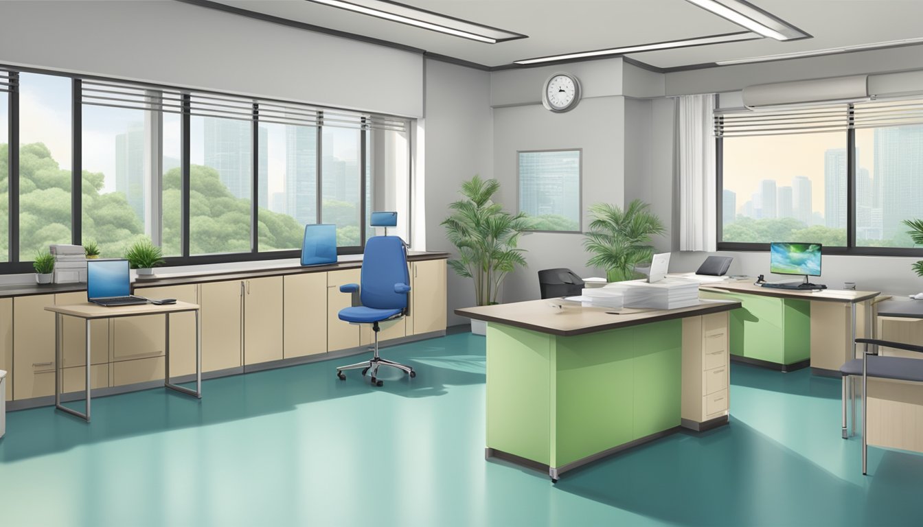A doctor's office at Tan Tock Seng Hospital, with a sign for Dr. Chiang Shu Qi Benita - Cardiologist. Contact info and operating hours displayed