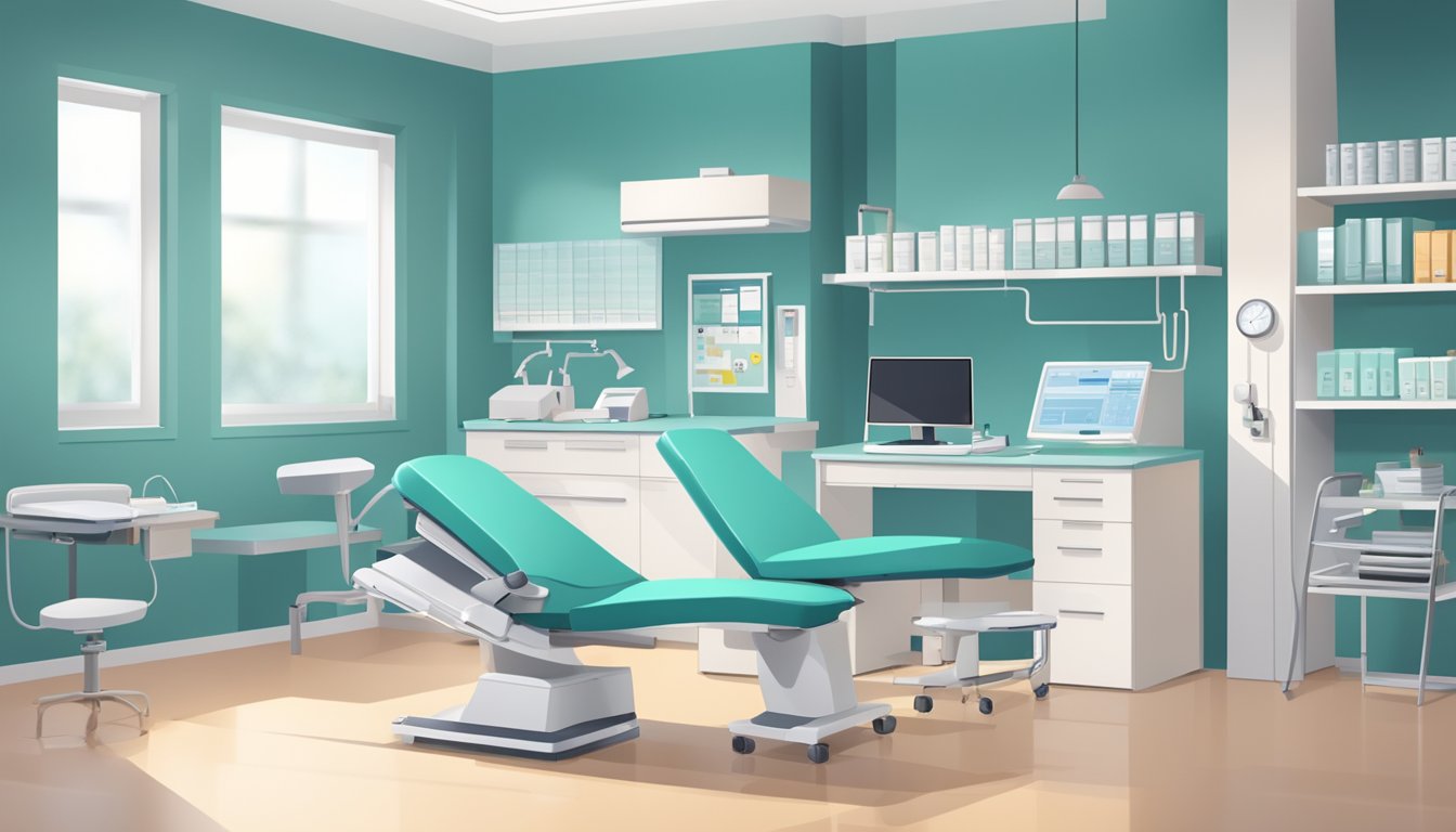 A modern clinic with medical equipment and a desk. The room is well-lit and organized, with a professional and clinical atmosphere