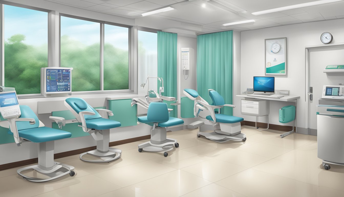 A modern clinic interior with medical equipment and signage for Dr. Tan Joo Hor - Cardiologist at Tan Tock Seng Hospital
